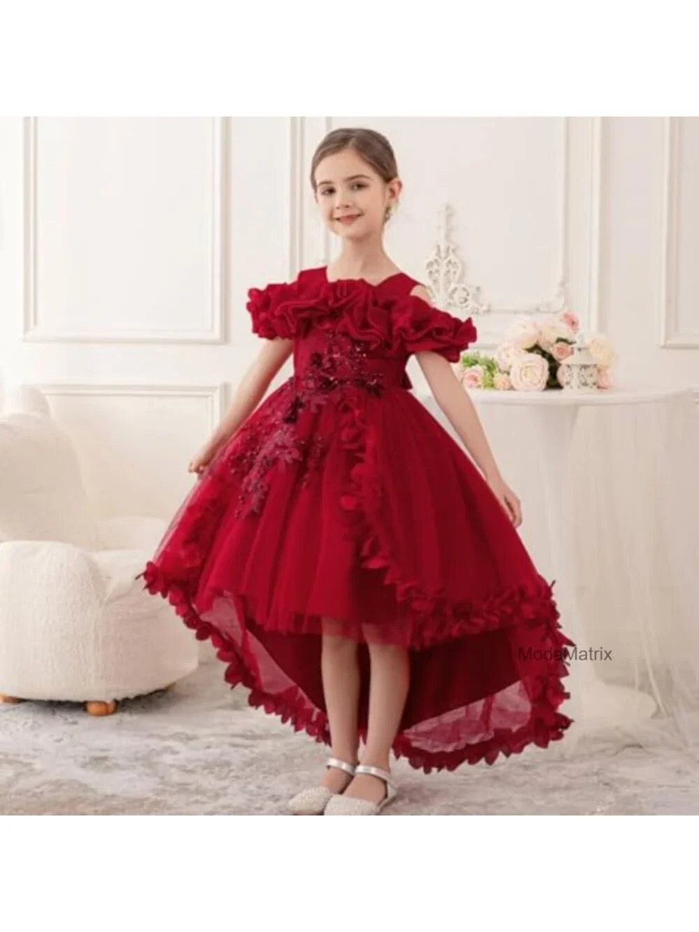 Girls Princess Dress Ruffle Tulle Satin Pageant Gown with Train